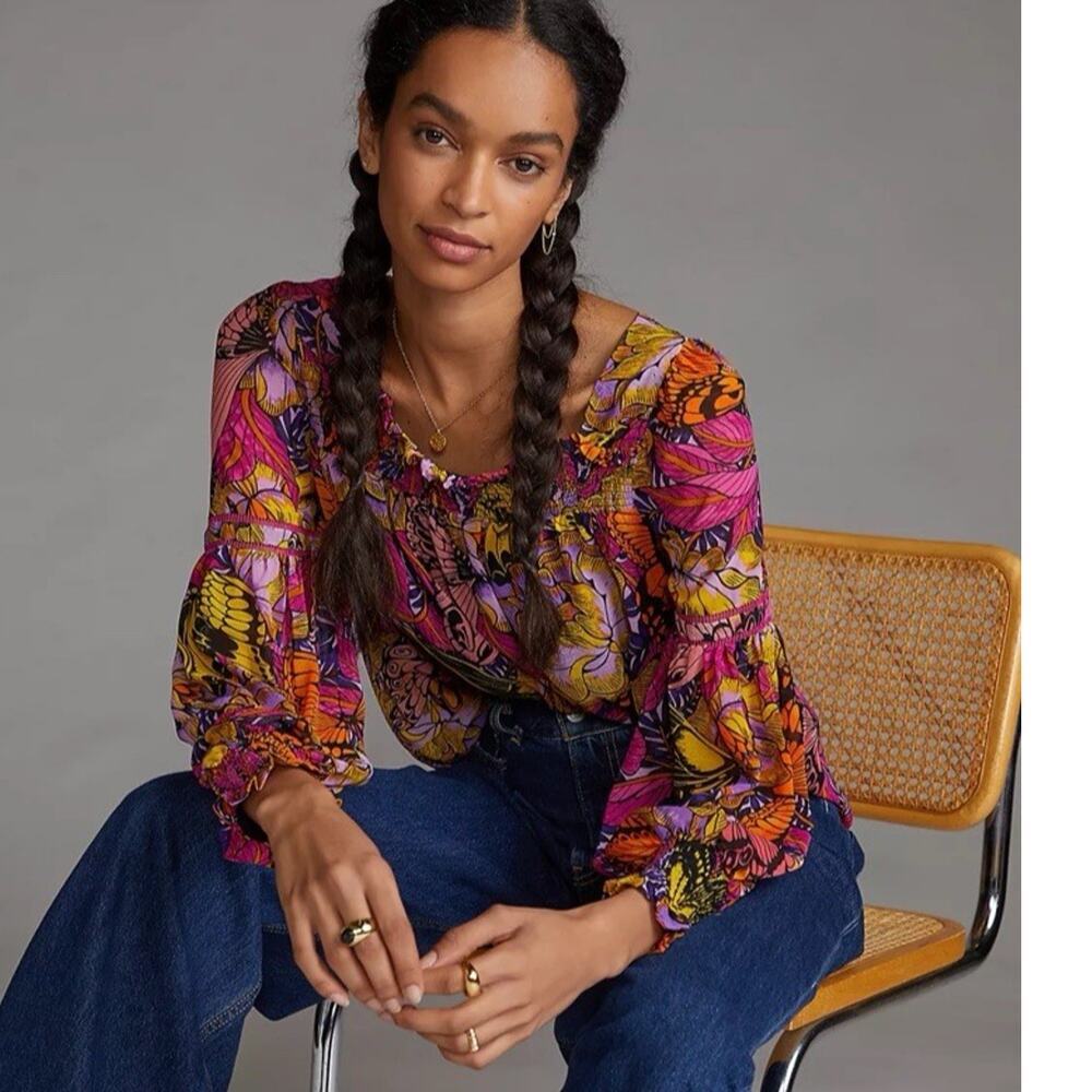 Anthropologie Alexandra Farmer Puff Sleeve Butterfly Blouse Pink Size S